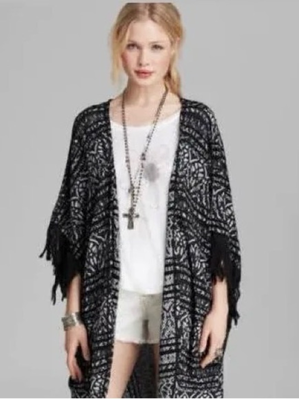 Free People Black & White Open-Front Fringe Kimono Sweater - Picture 2 of 5